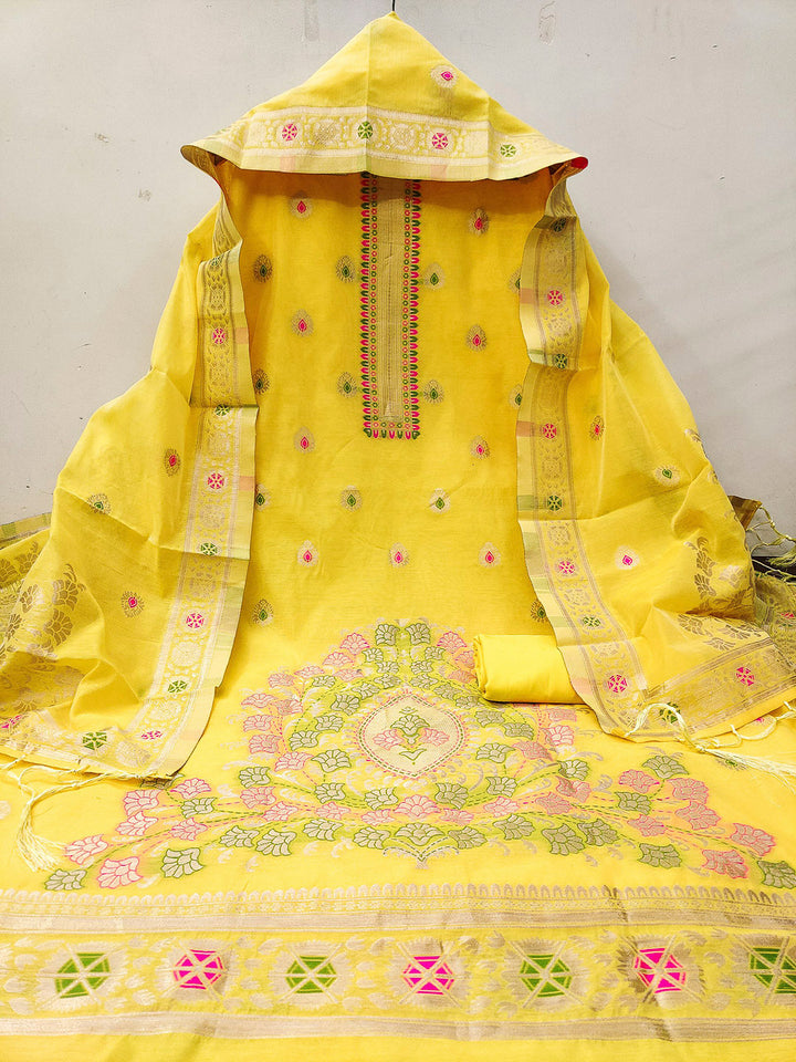 Yellow Pure Banarasi Chanderi Woven Design Unstitched Dress Material