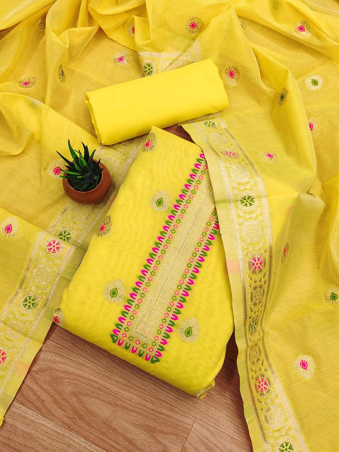 Yellow Pure Banarasi Chanderi Woven Design Unstitched Dress Material