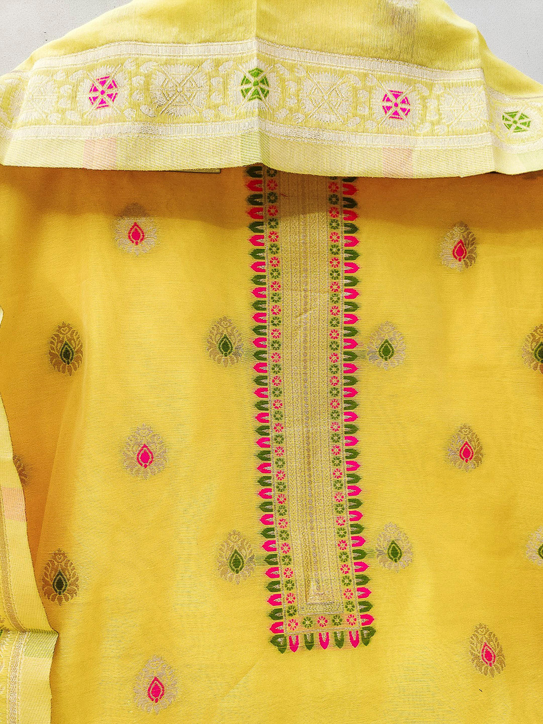 Yellow Pure Banarasi Chanderi Woven Design Unstitched Dress Material