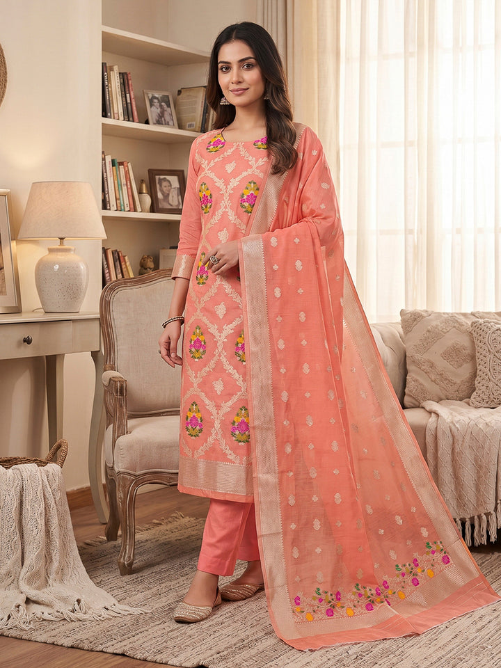 Peach Pure Banarasi Chanderi Woven Design Unstitched Dress Material