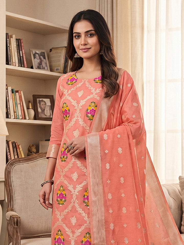 Peach Pure Banarasi Chanderi Woven Design Unstitched Dress Material