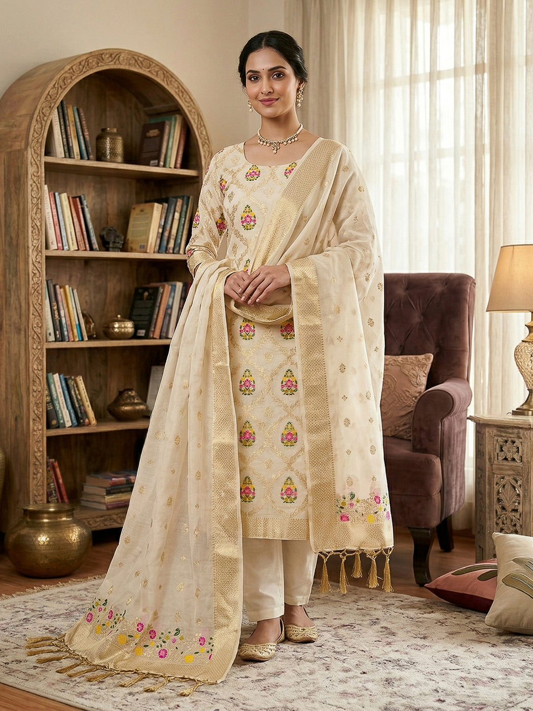 White Pure Banarasi Chanderi Woven Design Unstitched Dress Material
