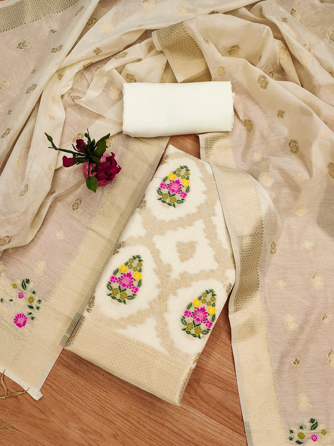 White Pure Banarasi Chanderi Woven Design Unstitched Dress Material
