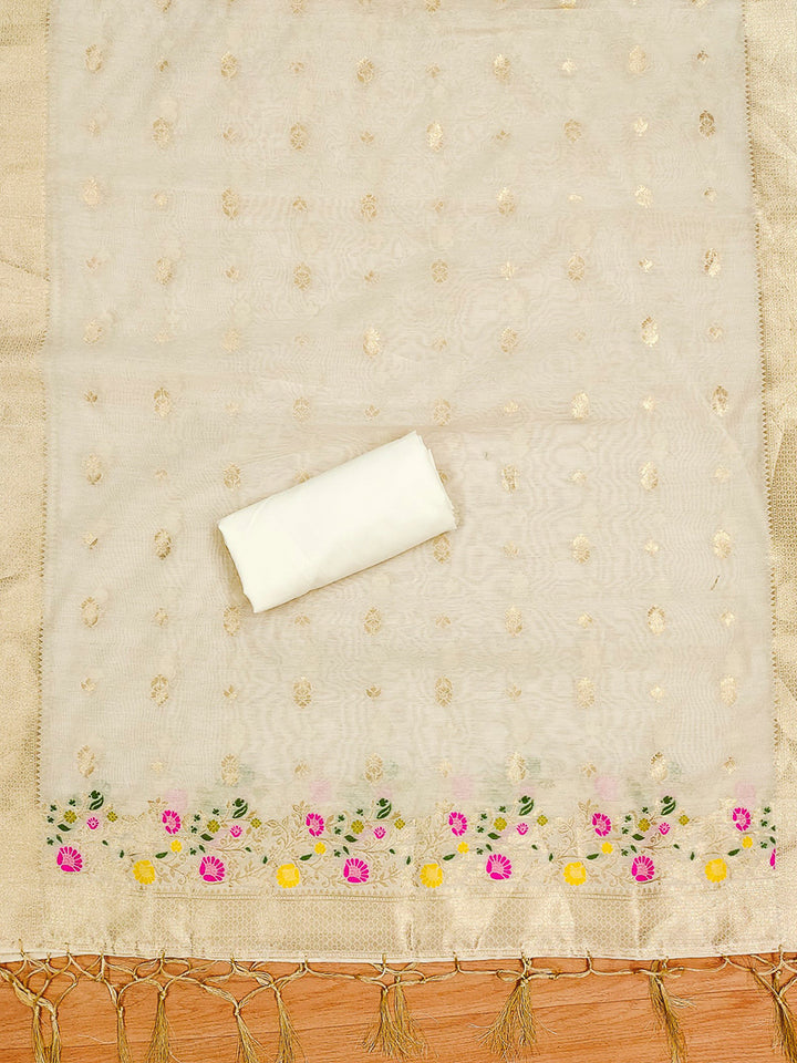 White Pure Banarasi Chanderi Woven Design Unstitched Dress Material