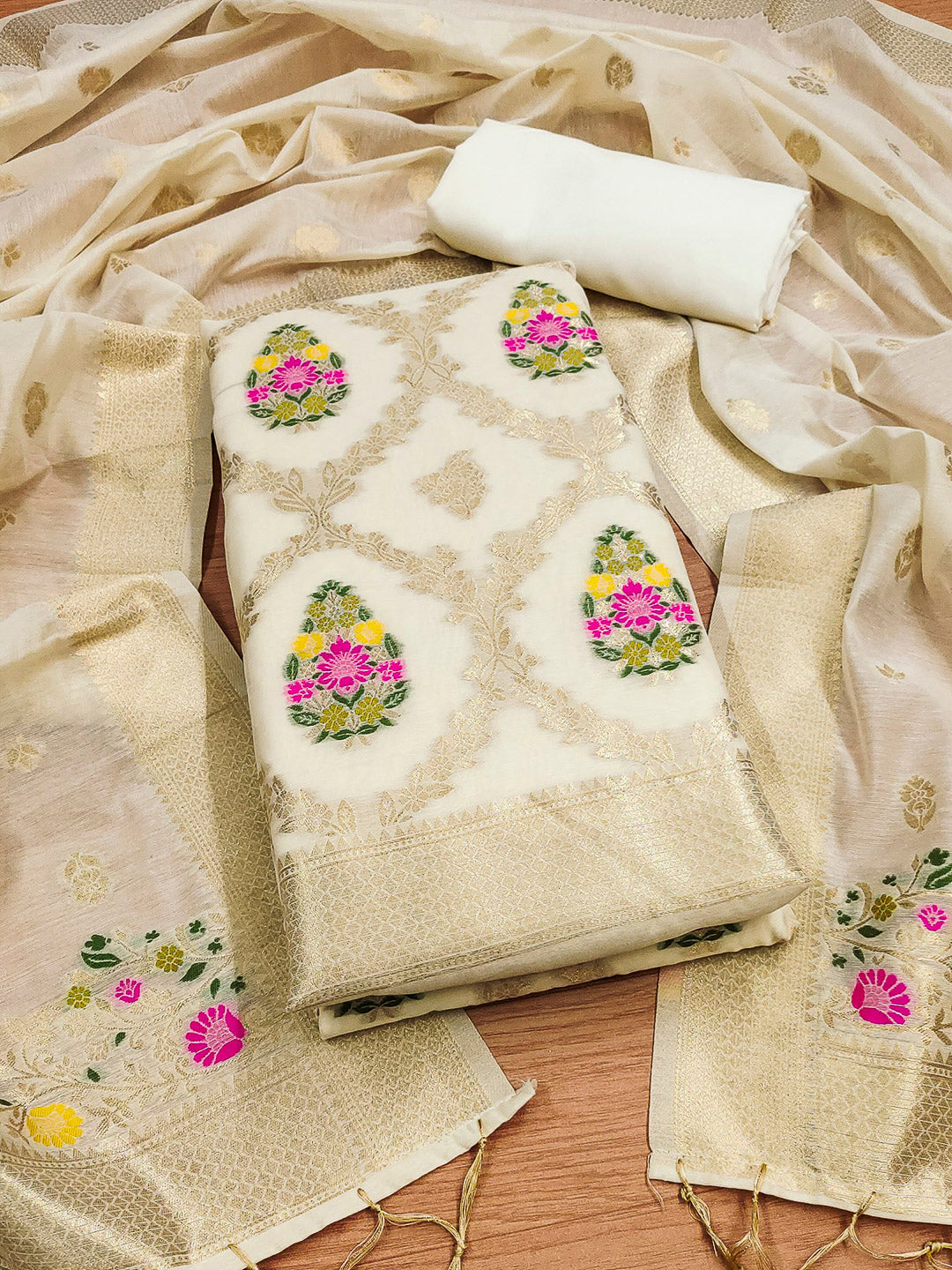 White Pure Banarasi Chanderi Woven Design Unstitched Dress Material