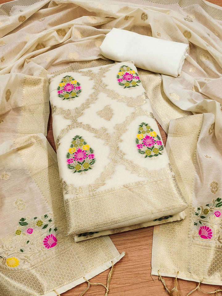 White Pure Banarasi Chanderi Woven Design Unstitched Dress Material