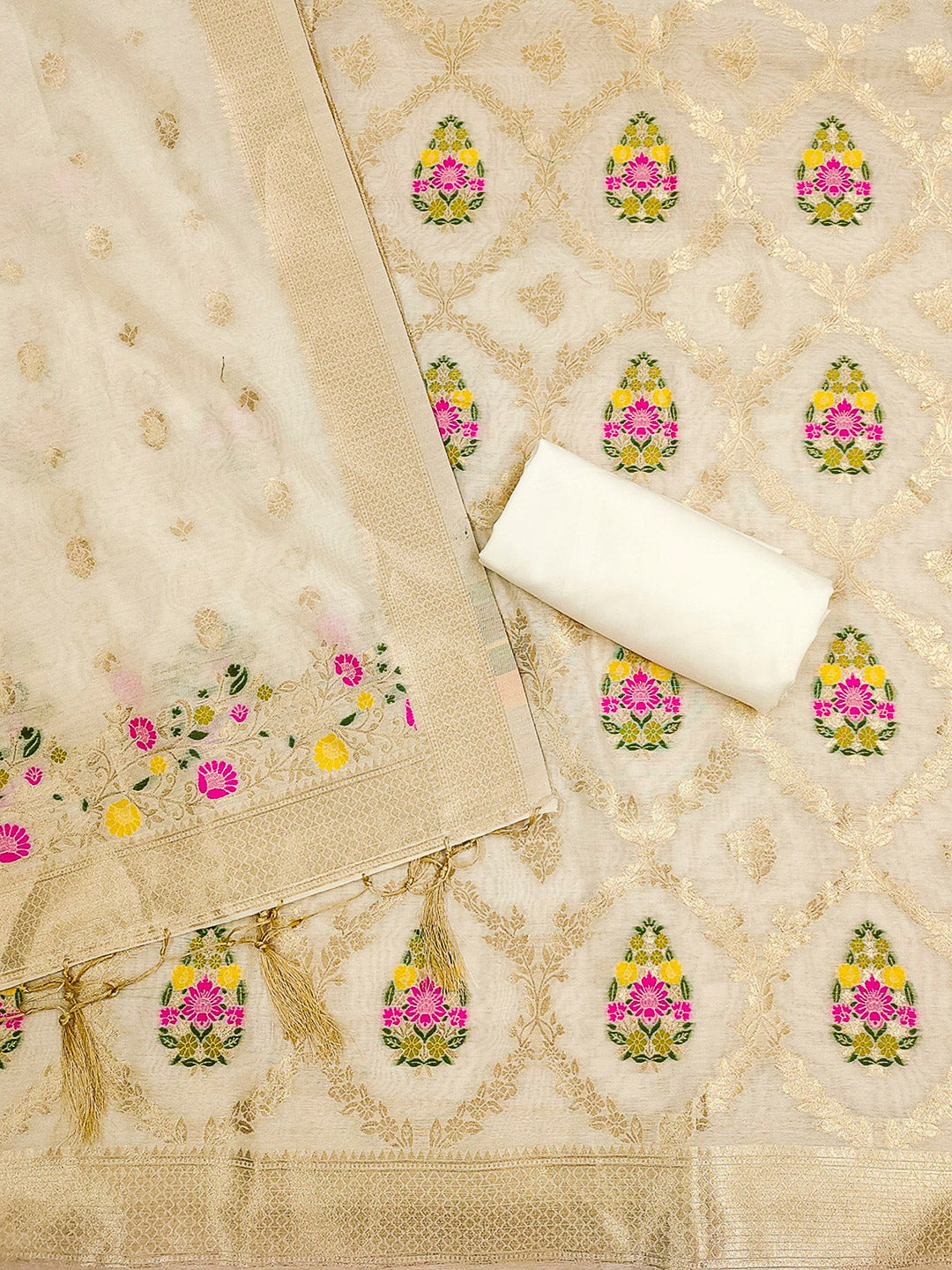 White Pure Banarasi Chanderi Woven Design Unstitched Dress Material