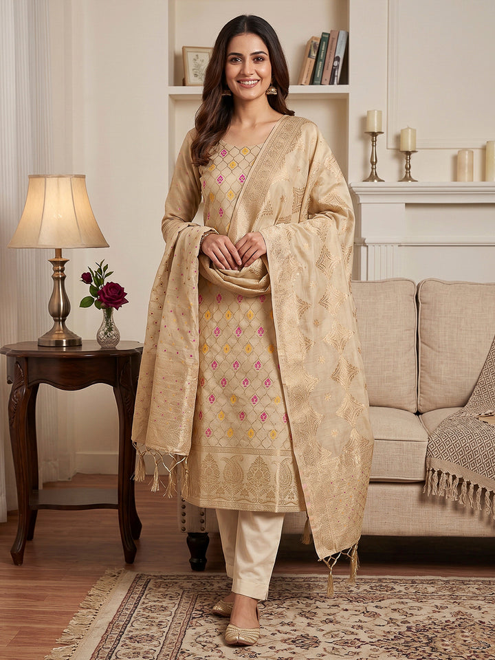 Chikoo Pure Banarasi Chanderi Woven Design Unstitched Dress Material
