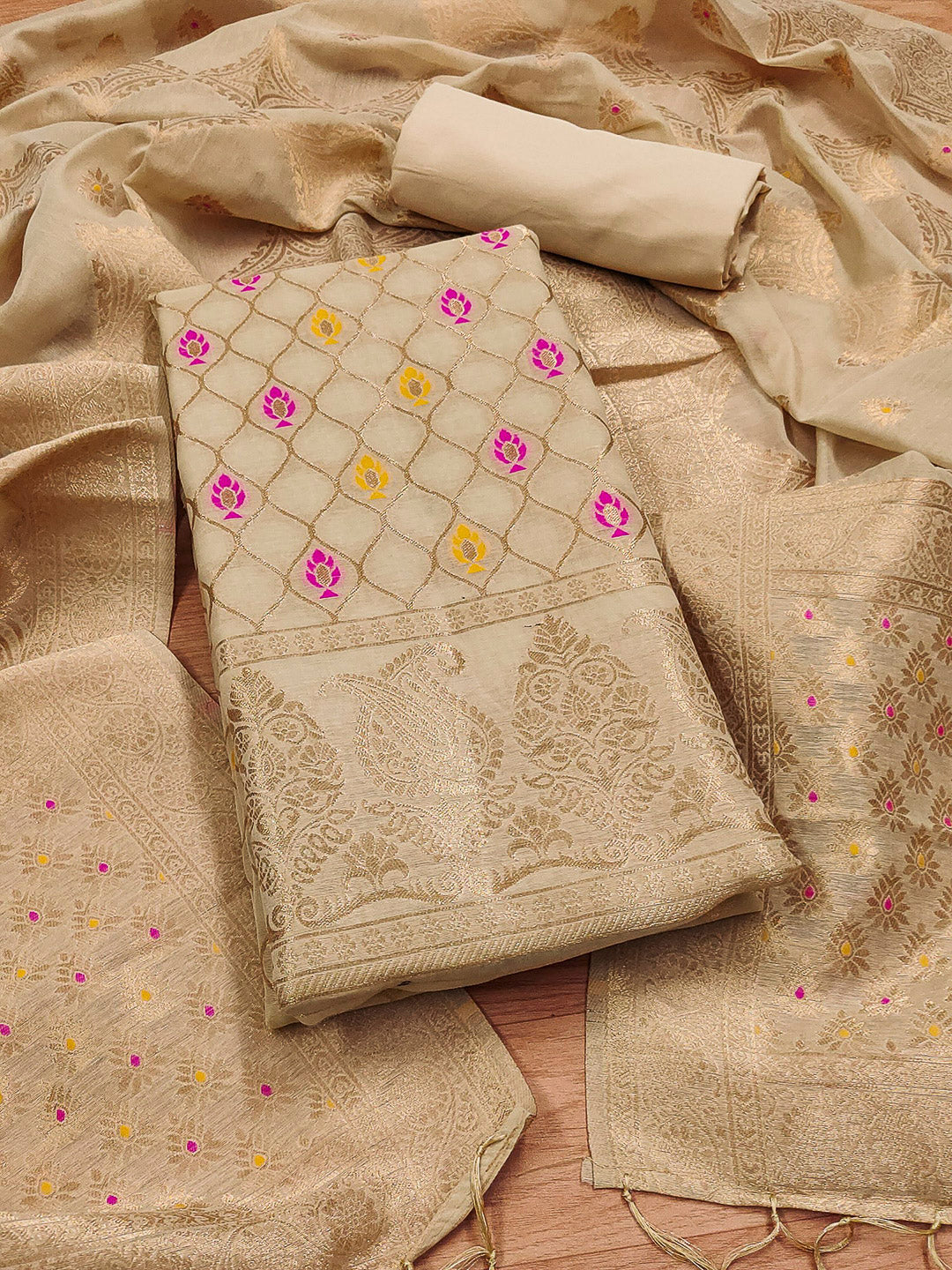 Chikoo Pure Banarasi Chanderi Woven Design Unstitched Dress Material
