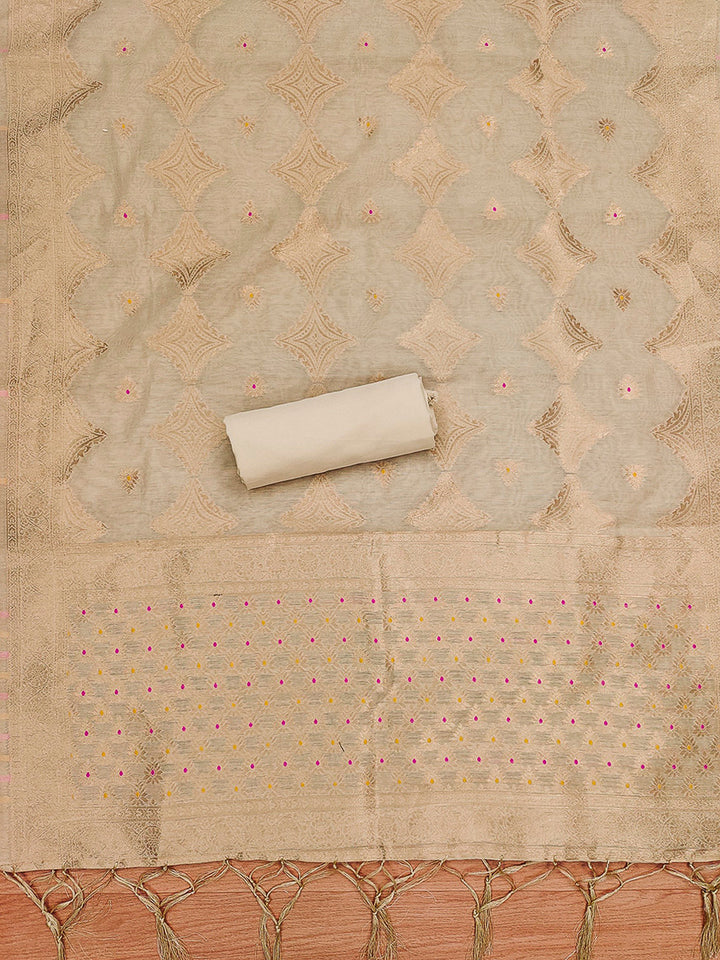 Chikoo Pure Banarasi Chanderi Woven Design Unstitched Dress Material