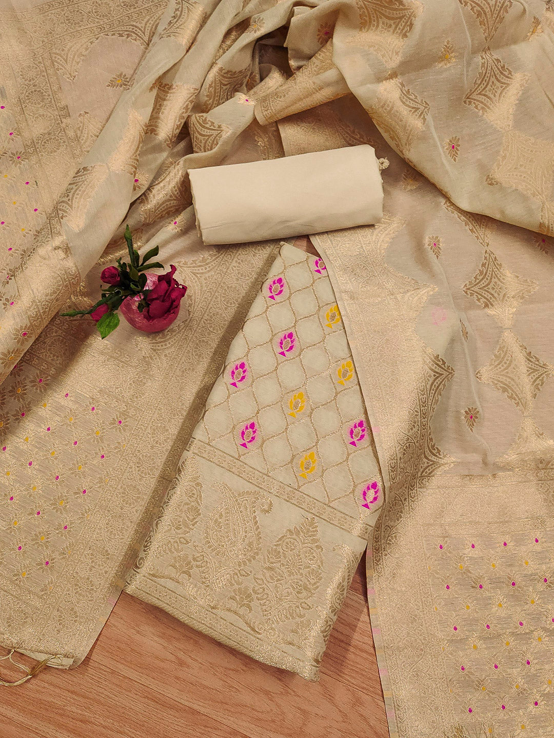Chikoo Pure Banarasi Chanderi Woven Design Unstitched Dress Material