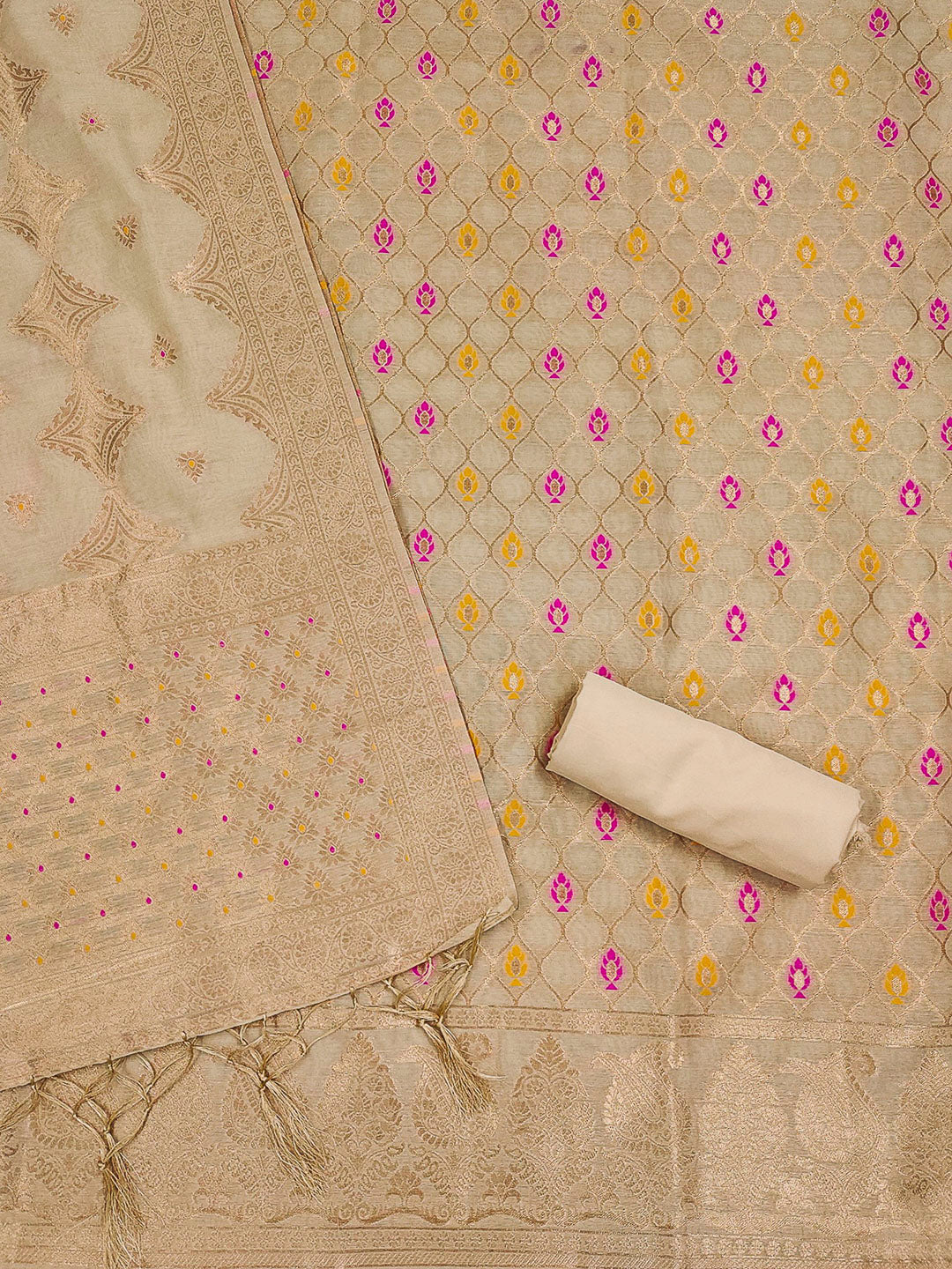 Chikoo Pure Banarasi Chanderi Woven Design Unstitched Dress Material