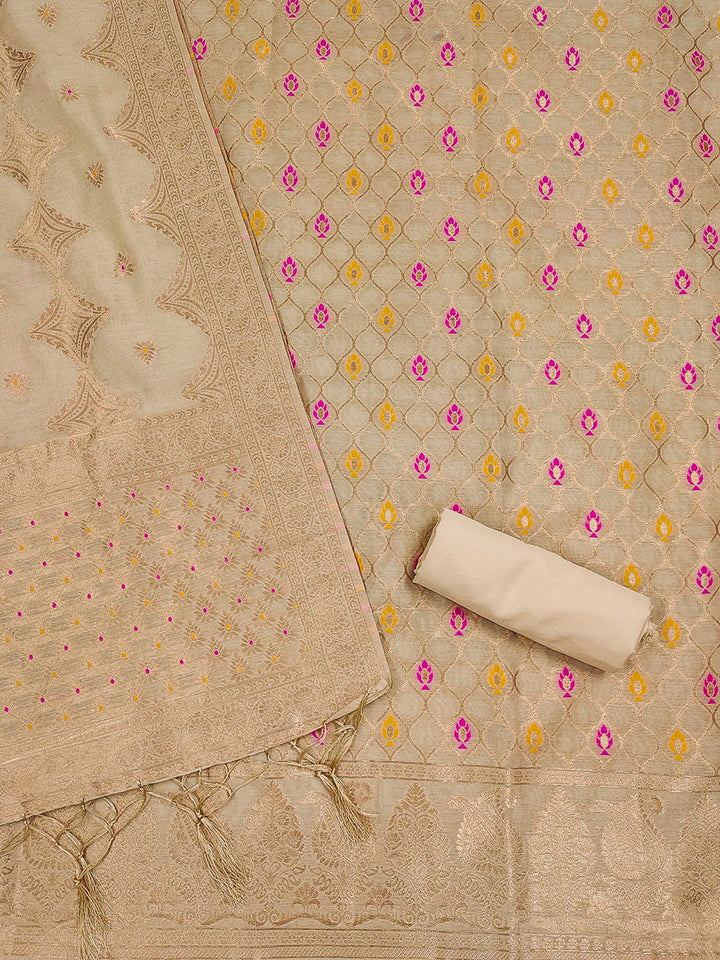 Chikoo Pure Banarasi Chanderi Woven Design Unstitched Dress Material