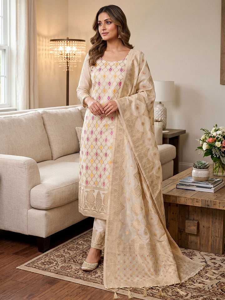 White Pure Banarasi Chanderi Woven Design Unstitched Dress Material