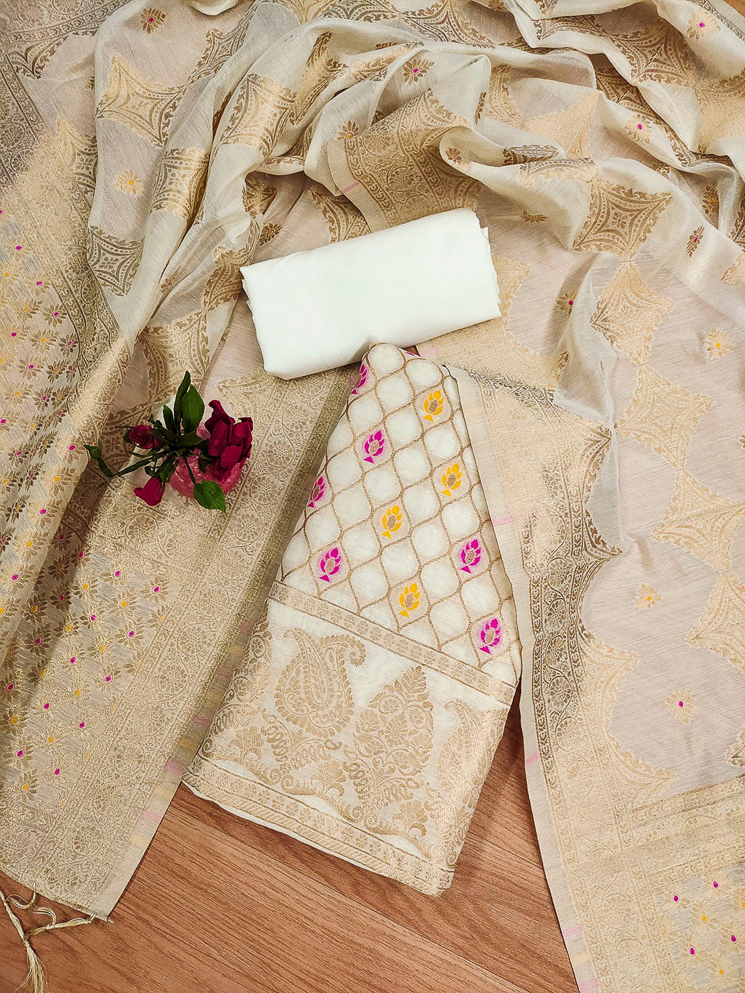 White Pure Banarasi Chanderi Woven Design Unstitched Dress Material