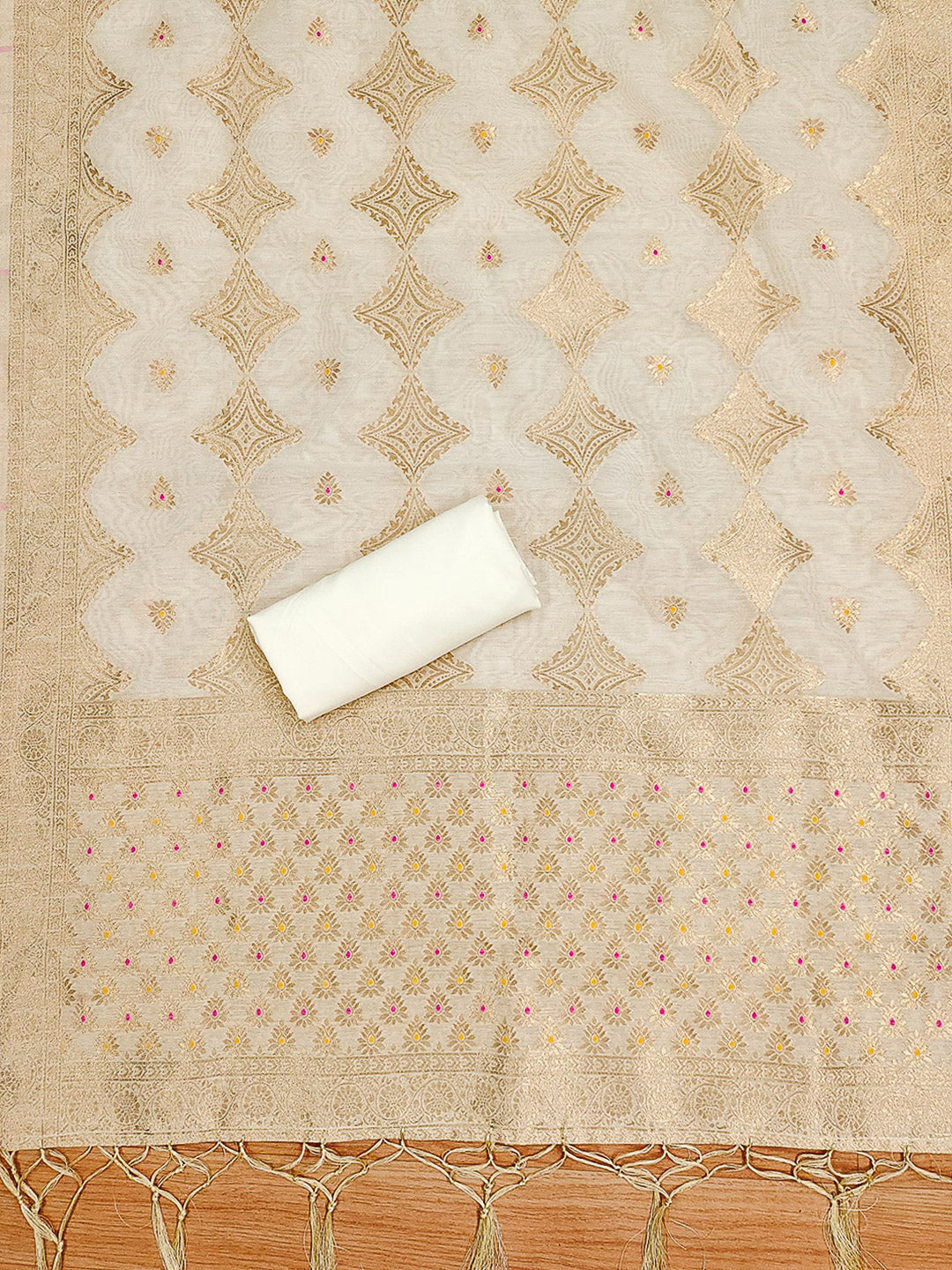 White Pure Banarasi Chanderi Woven Design Unstitched Dress Material