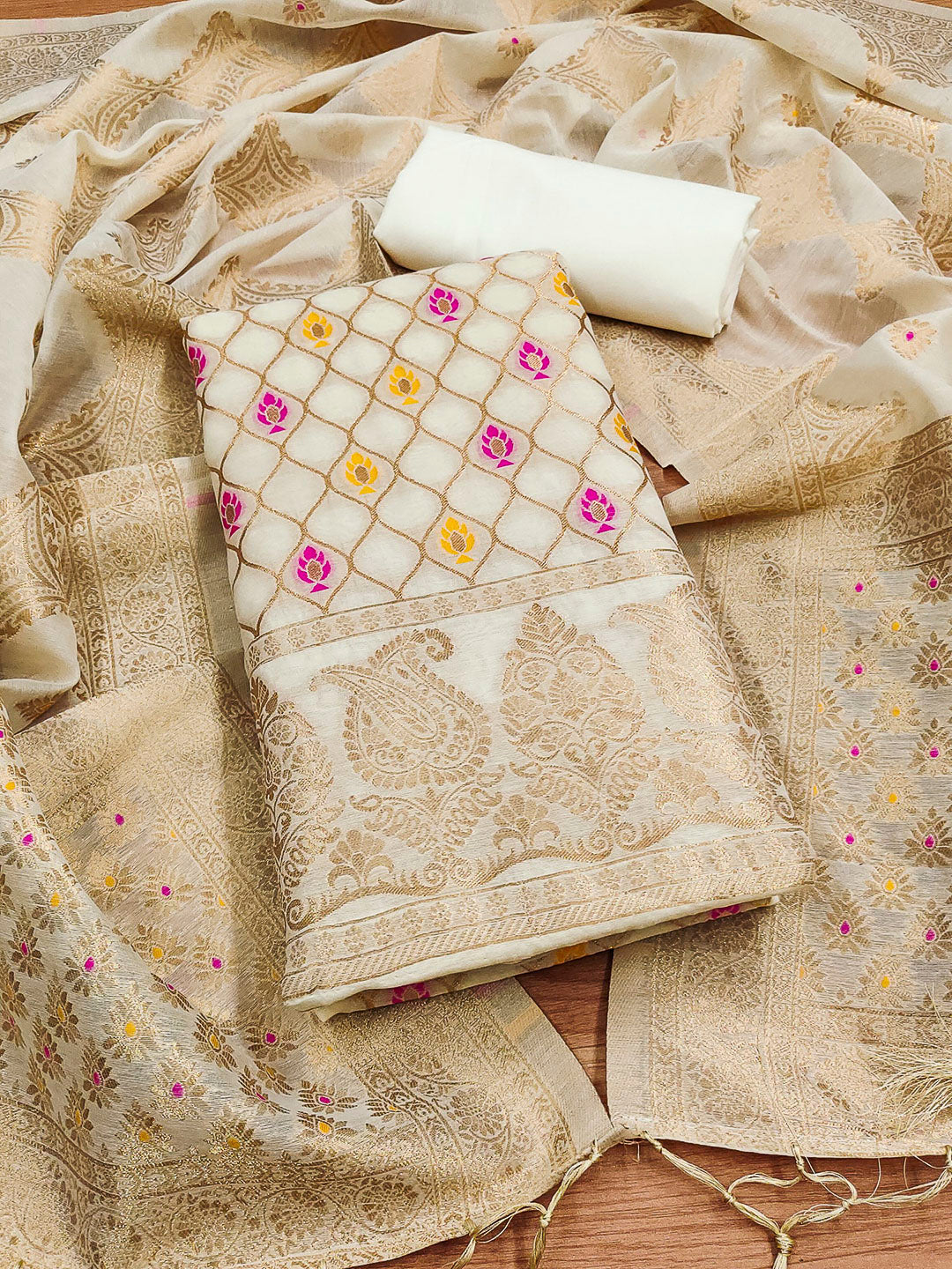 White Pure Banarasi Chanderi Woven Design Unstitched Dress Material