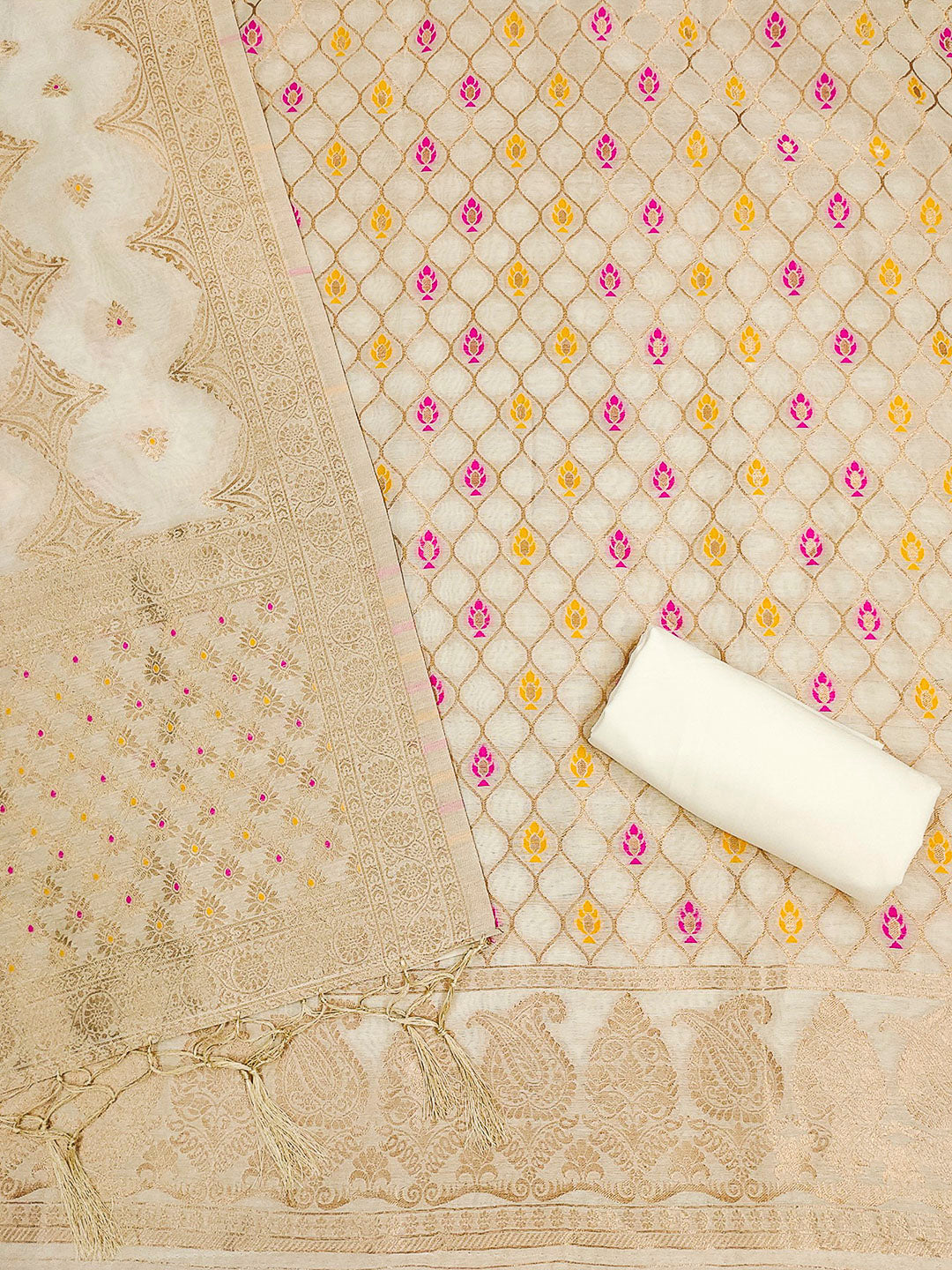 White Pure Banarasi Chanderi Woven Design Unstitched Dress Material
