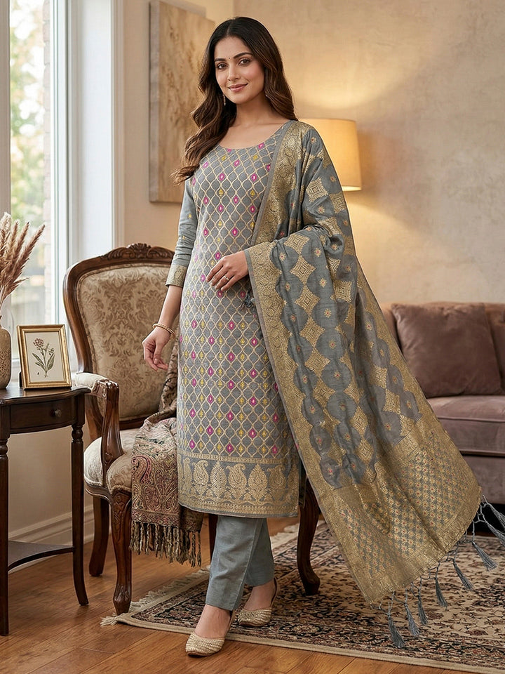 Grey Pure Banarasi Chanderi Woven Design Unstitched Dress Material