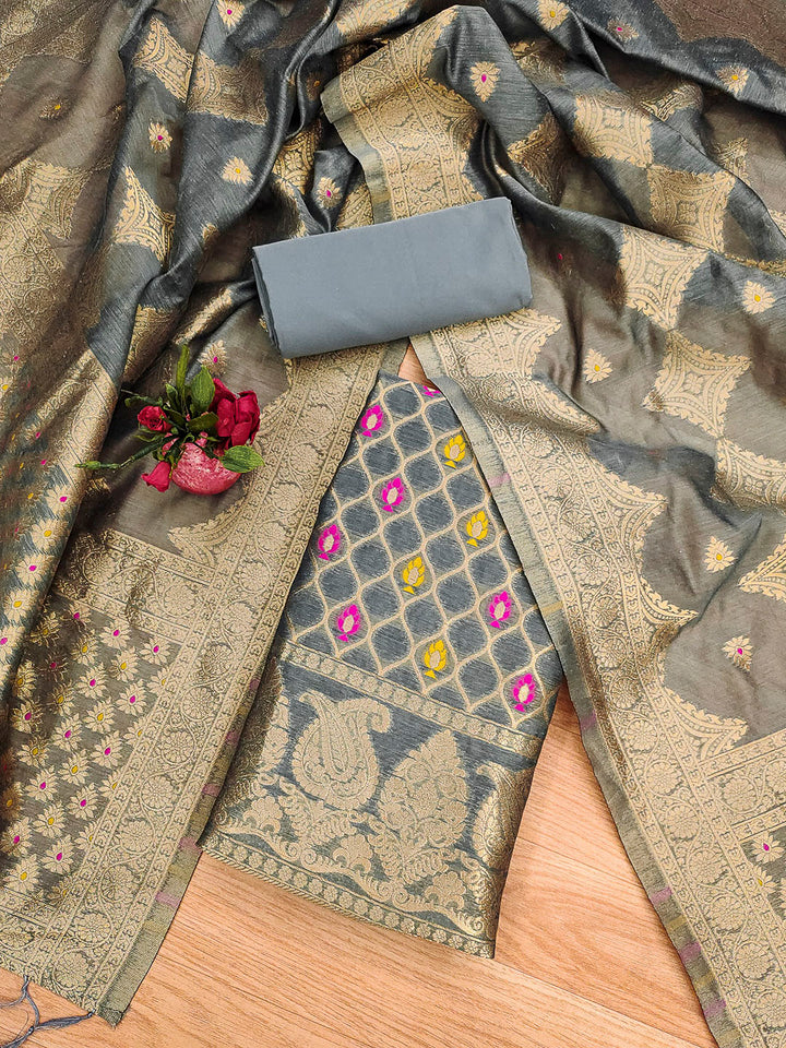 Grey Pure Banarasi Chanderi Woven Design Unstitched Dress Material
