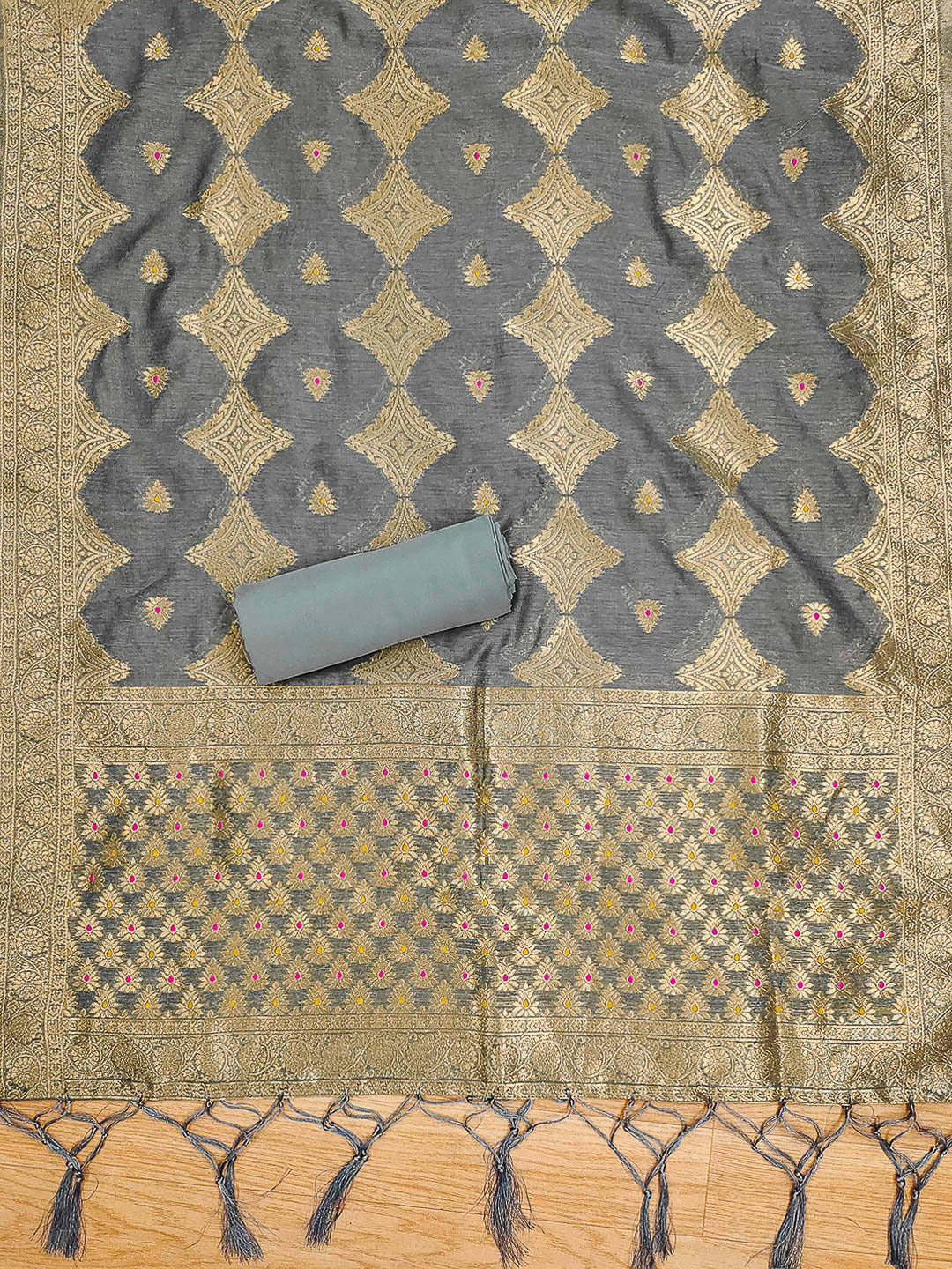 Grey Pure Banarasi Chanderi Woven Design Unstitched Dress Material