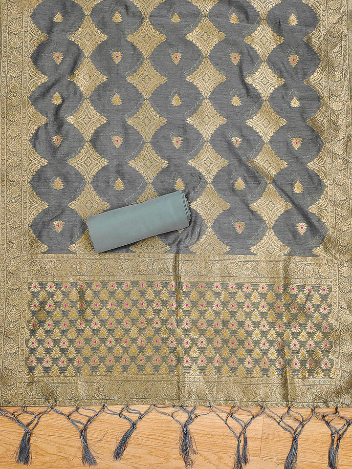 Grey Pure Banarasi Chanderi Woven Design Unstitched Dress Material