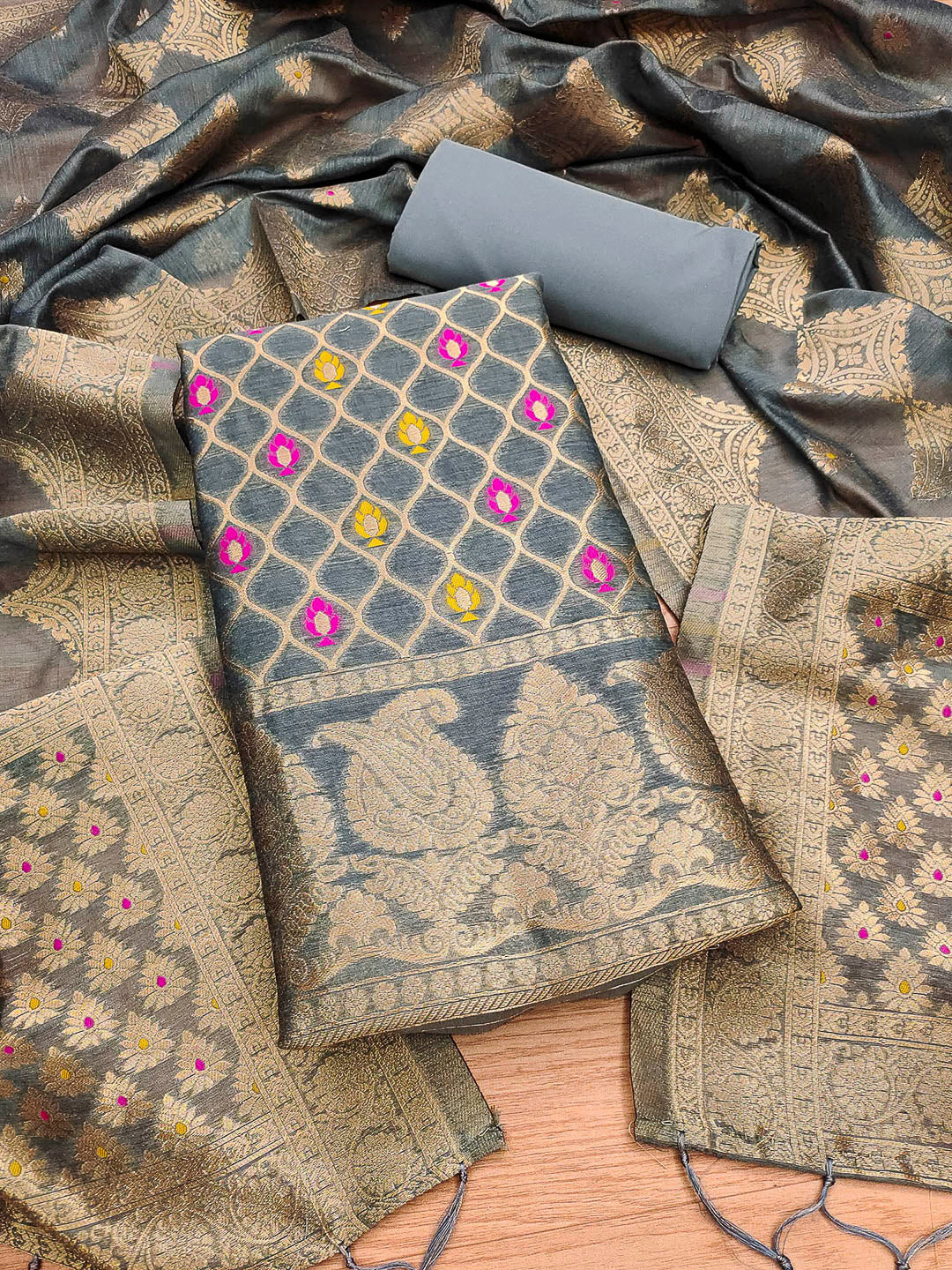Grey Pure Banarasi Chanderi Woven Design Unstitched Dress Material