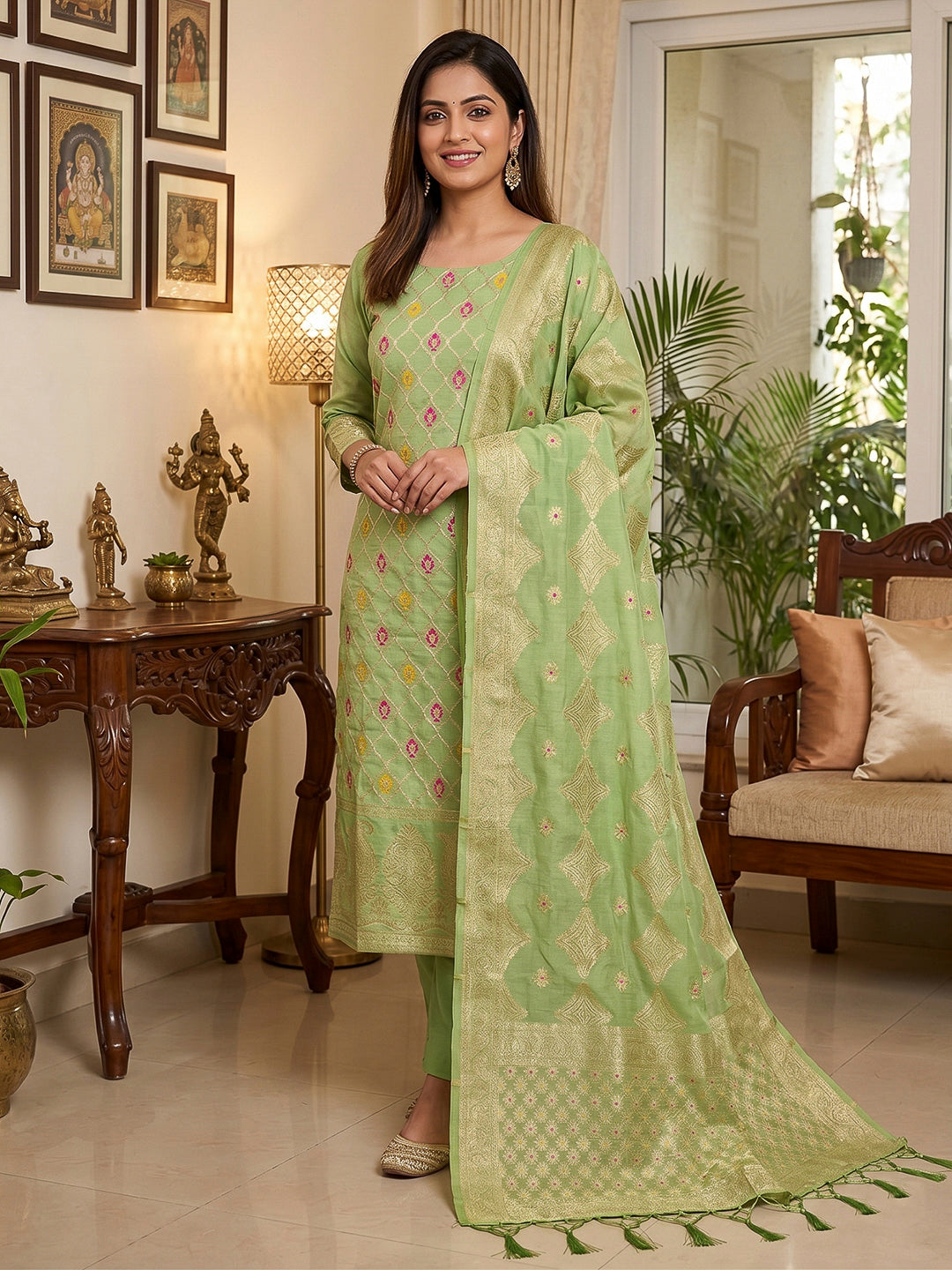 Pista-Green Pure Banarasi Chanderi Woven Design Unstitched Dress Material