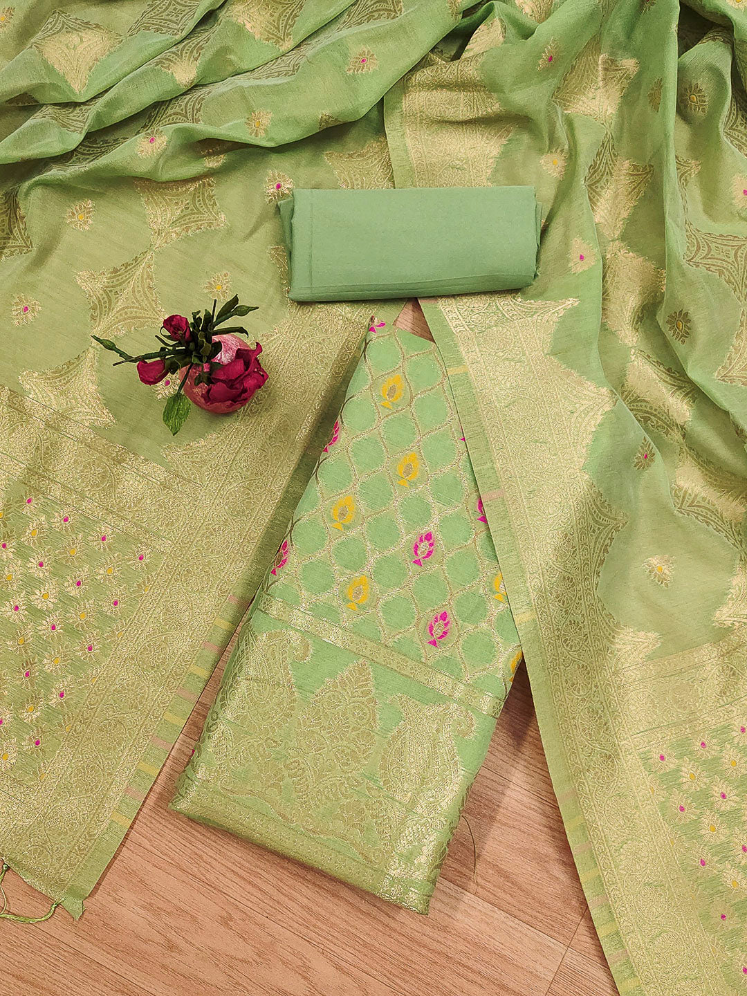 Pista-Green Pure Banarasi Chanderi Woven Design Unstitched Dress Material
