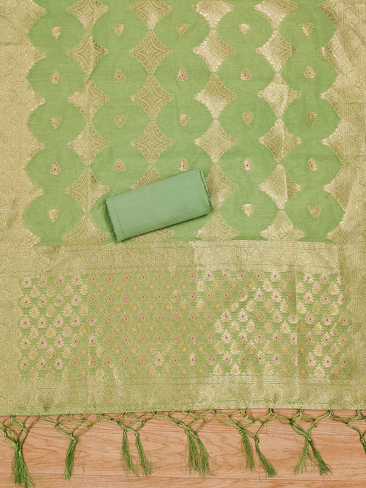 Pista-Green Pure Banarasi Chanderi Woven Design Unstitched Dress Material