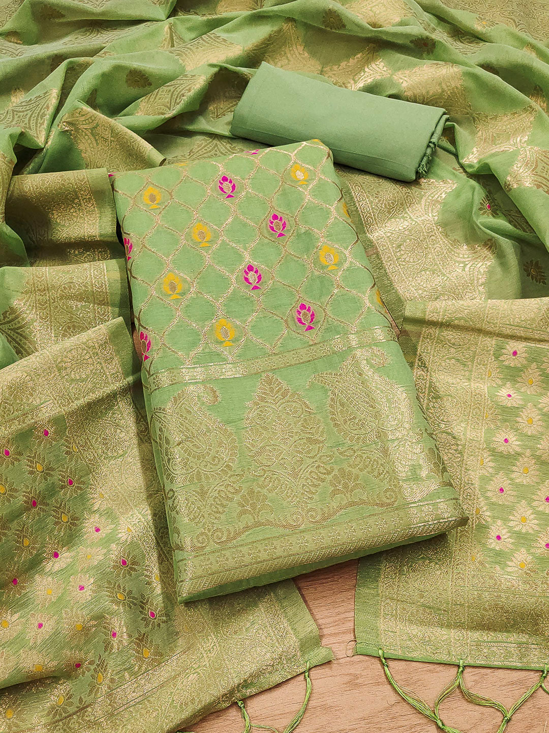 Pista-Green Pure Banarasi Chanderi Woven Design Unstitched Dress Material