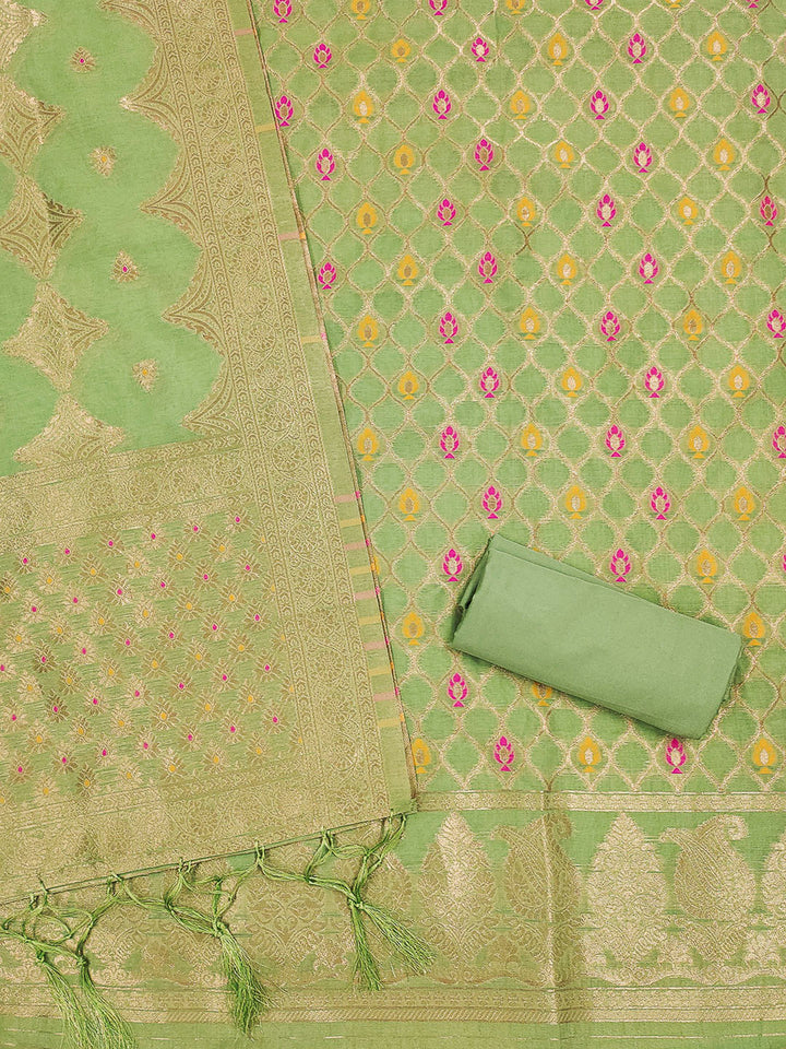 Pista-Green Pure Banarasi Chanderi Woven Design Unstitched Dress Material