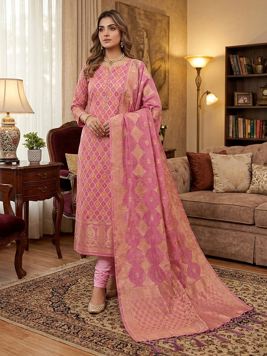 Pink Pure Banarasi Chanderi Woven Design Unstitched Dress Material