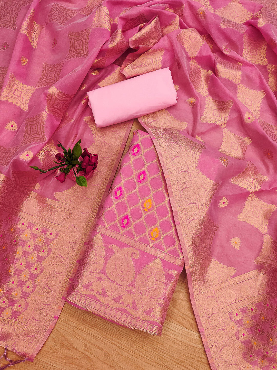 Pink Pure Banarasi Chanderi Woven Design Unstitched Dress Material