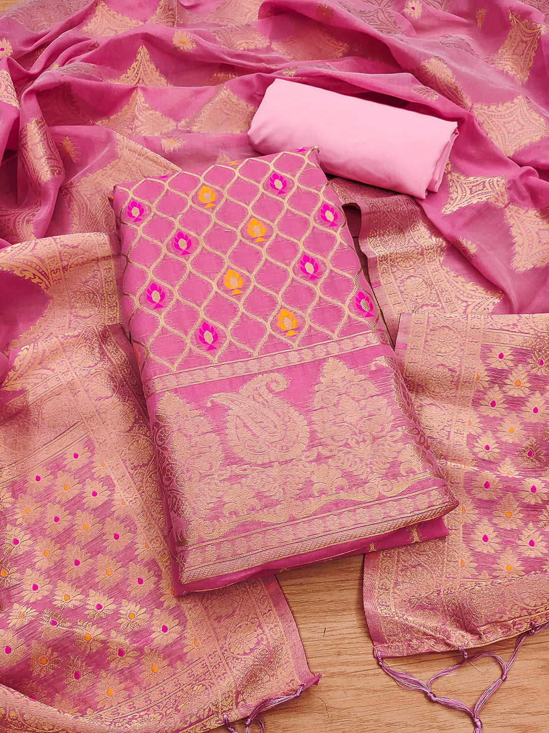 Pink Pure Banarasi Chanderi Woven Design Unstitched Dress Material