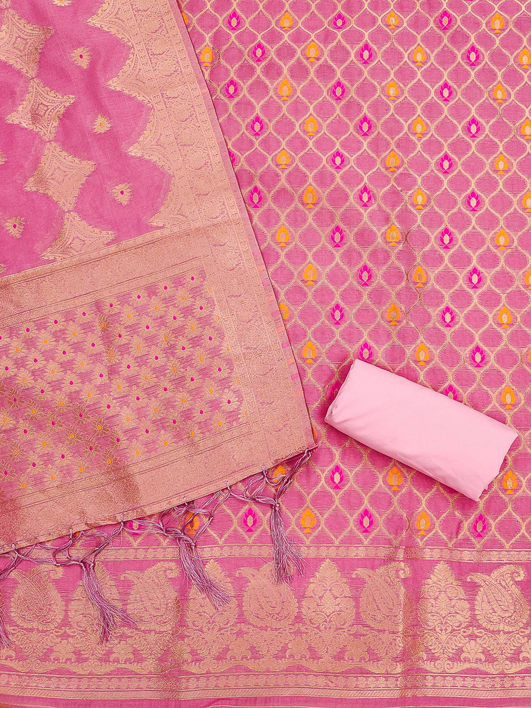 Pink Pure Banarasi Chanderi Woven Design Unstitched Dress Material