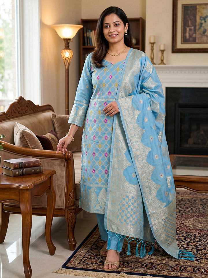 Sky-Blue Pure Banarasi Chanderi Woven Design Unstitched Dress Material
