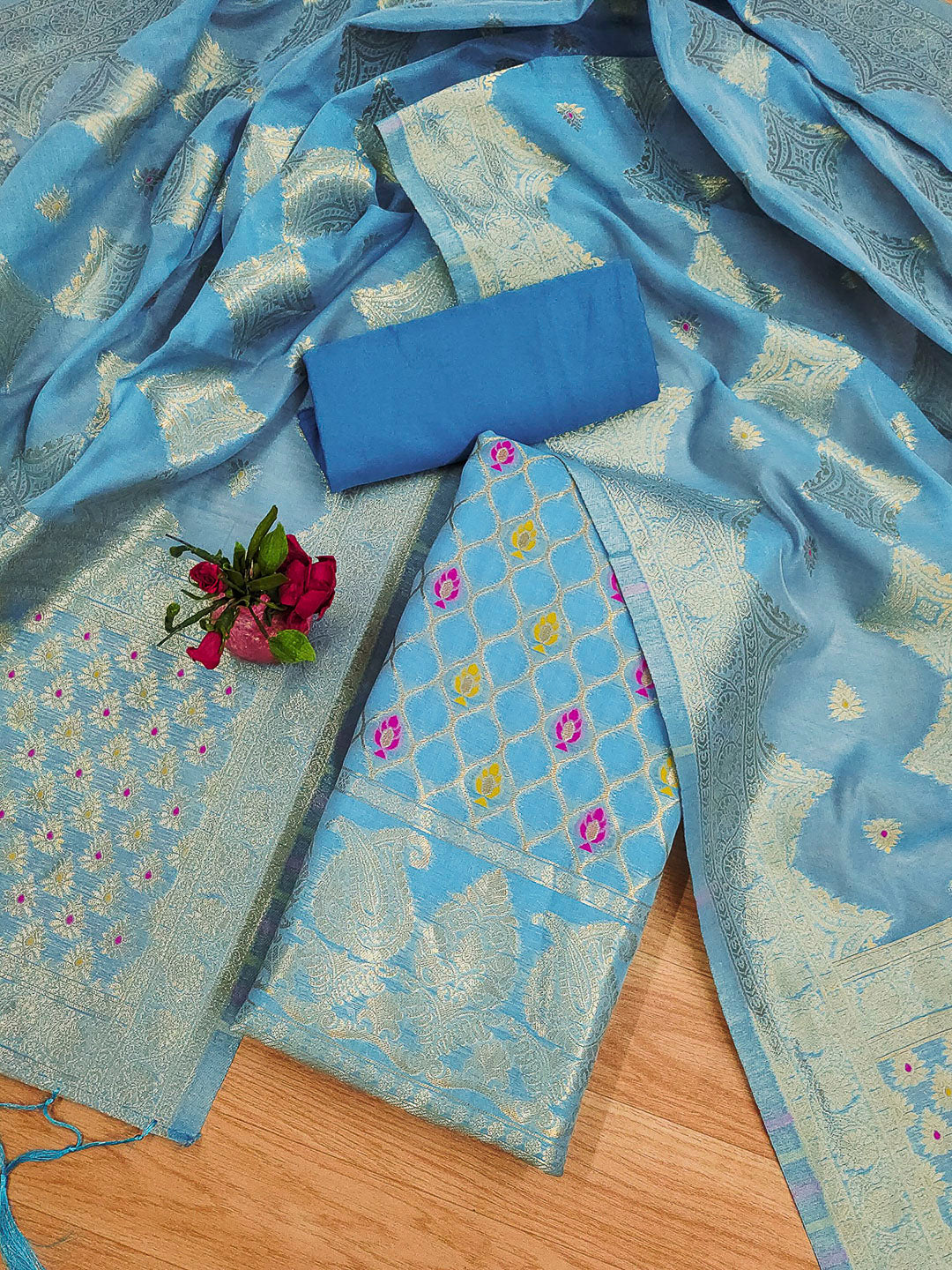 Sky-Blue Pure Banarasi Chanderi Woven Design Unstitched Dress Material