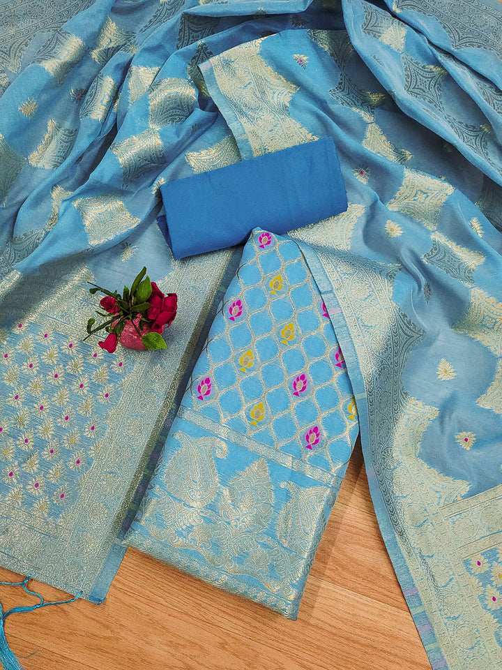 Sky-Blue Pure Banarasi Chanderi Woven Design Unstitched Dress Material