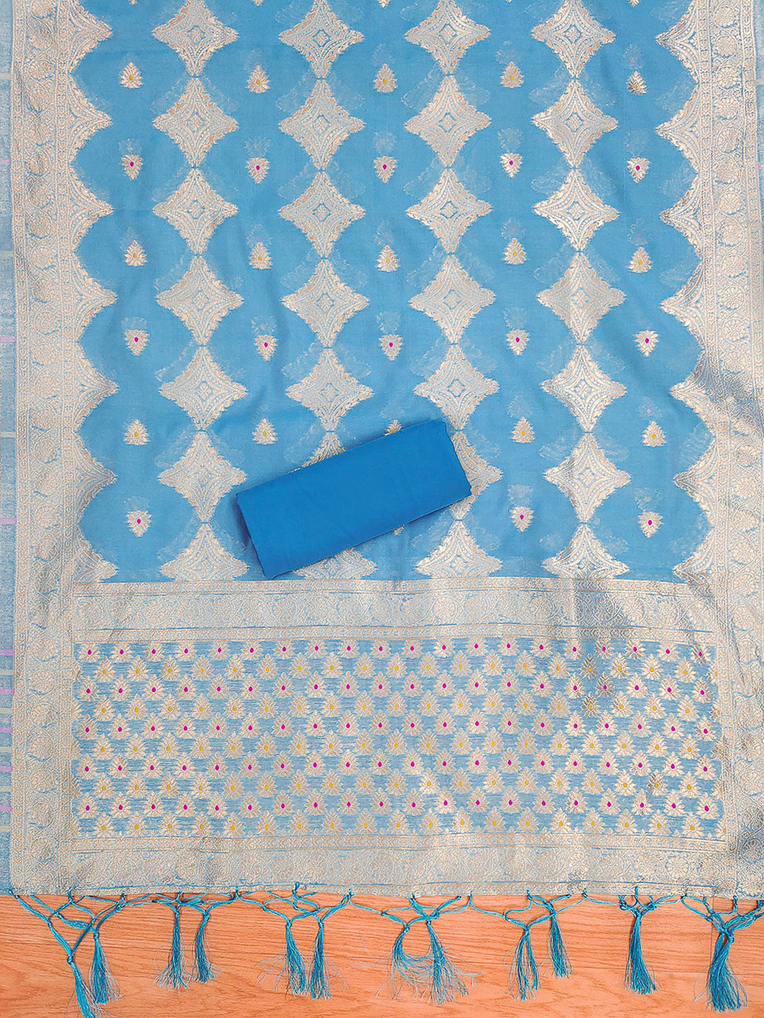 Sky-Blue Pure Banarasi Chanderi Woven Design Unstitched Dress Material