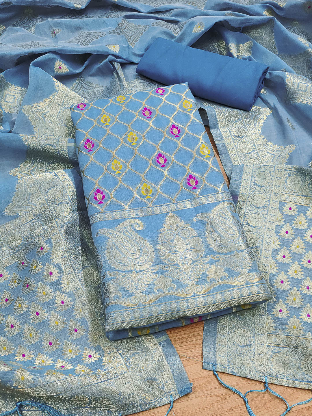 Sky-Blue Pure Banarasi Chanderi Woven Design Unstitched Dress Material