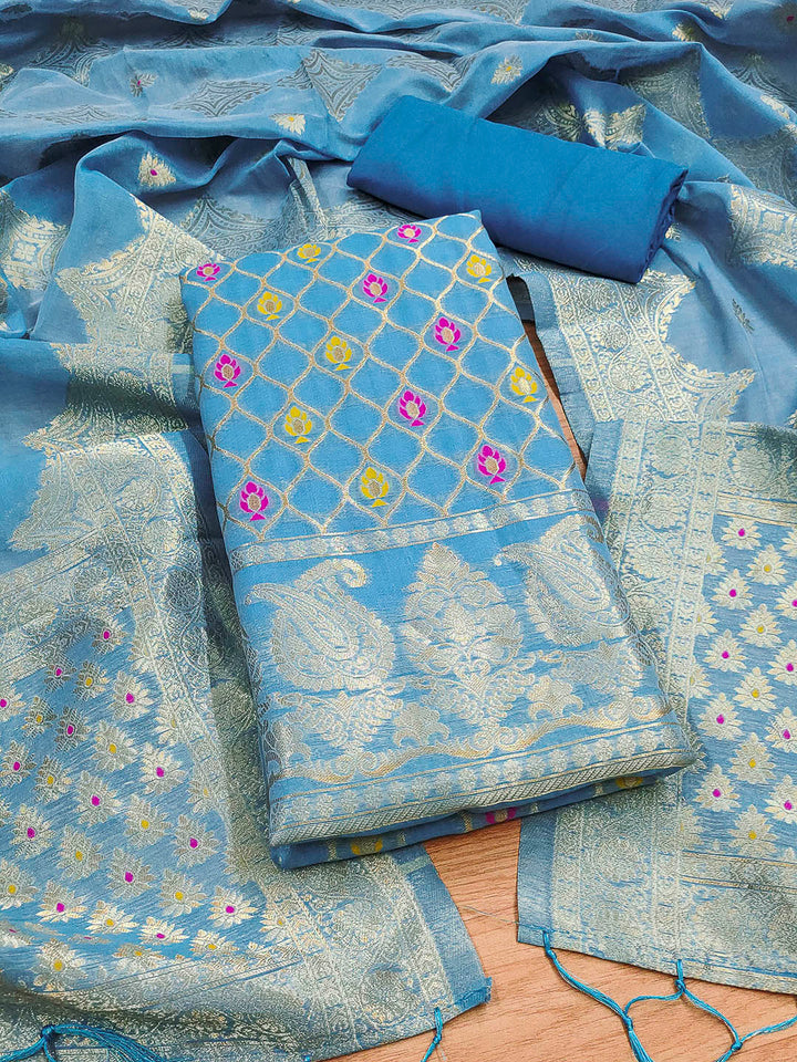 Sky-Blue Pure Banarasi Chanderi Woven Design Unstitched Dress Material