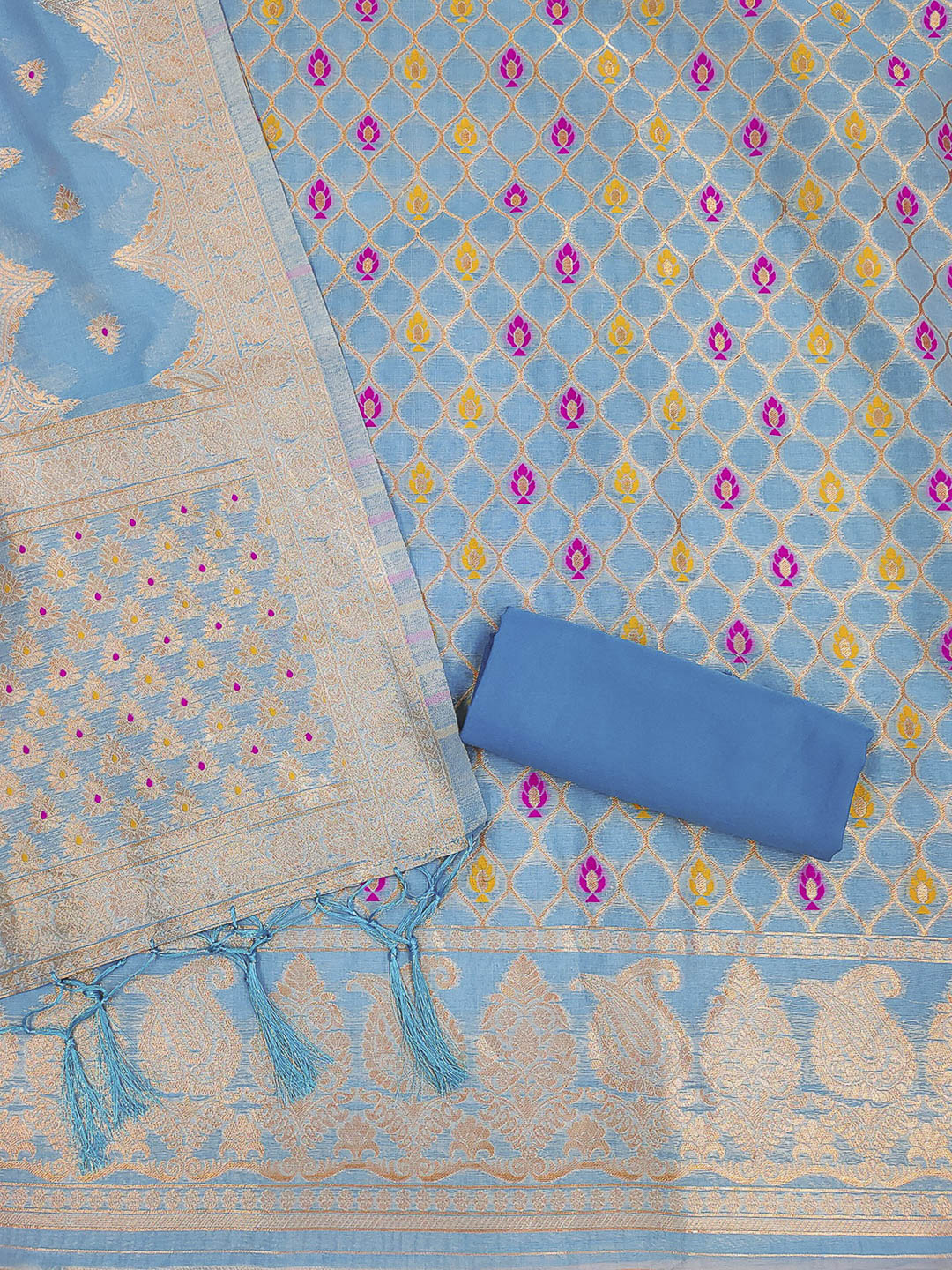Sky-Blue Pure Banarasi Chanderi Woven Design Unstitched Dress Material