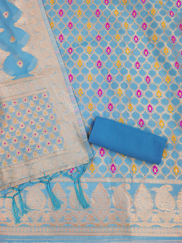 Sky-Blue Pure Banarasi Chanderi Woven Design Unstitched Dress Material