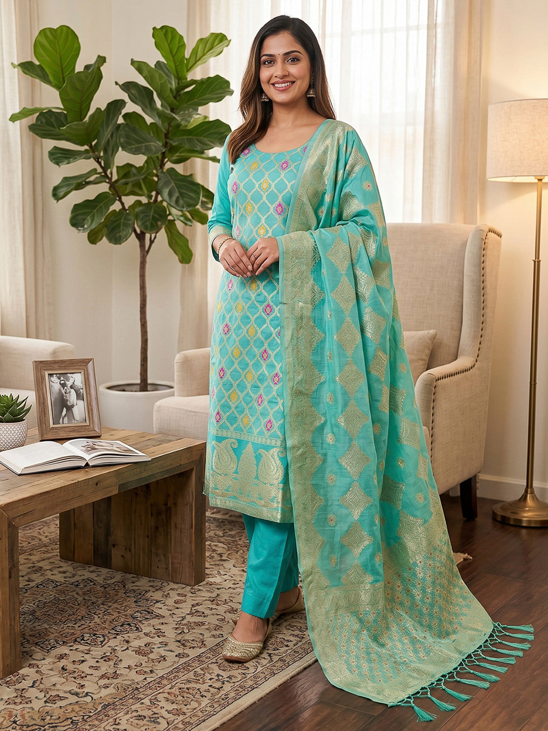 Sea-Green Pure Banarasi Chanderi Woven Design Unstitched Dress Material