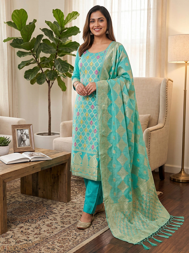 Sea-Green Pure Banarasi Chanderi Woven Design Unstitched Dress Material