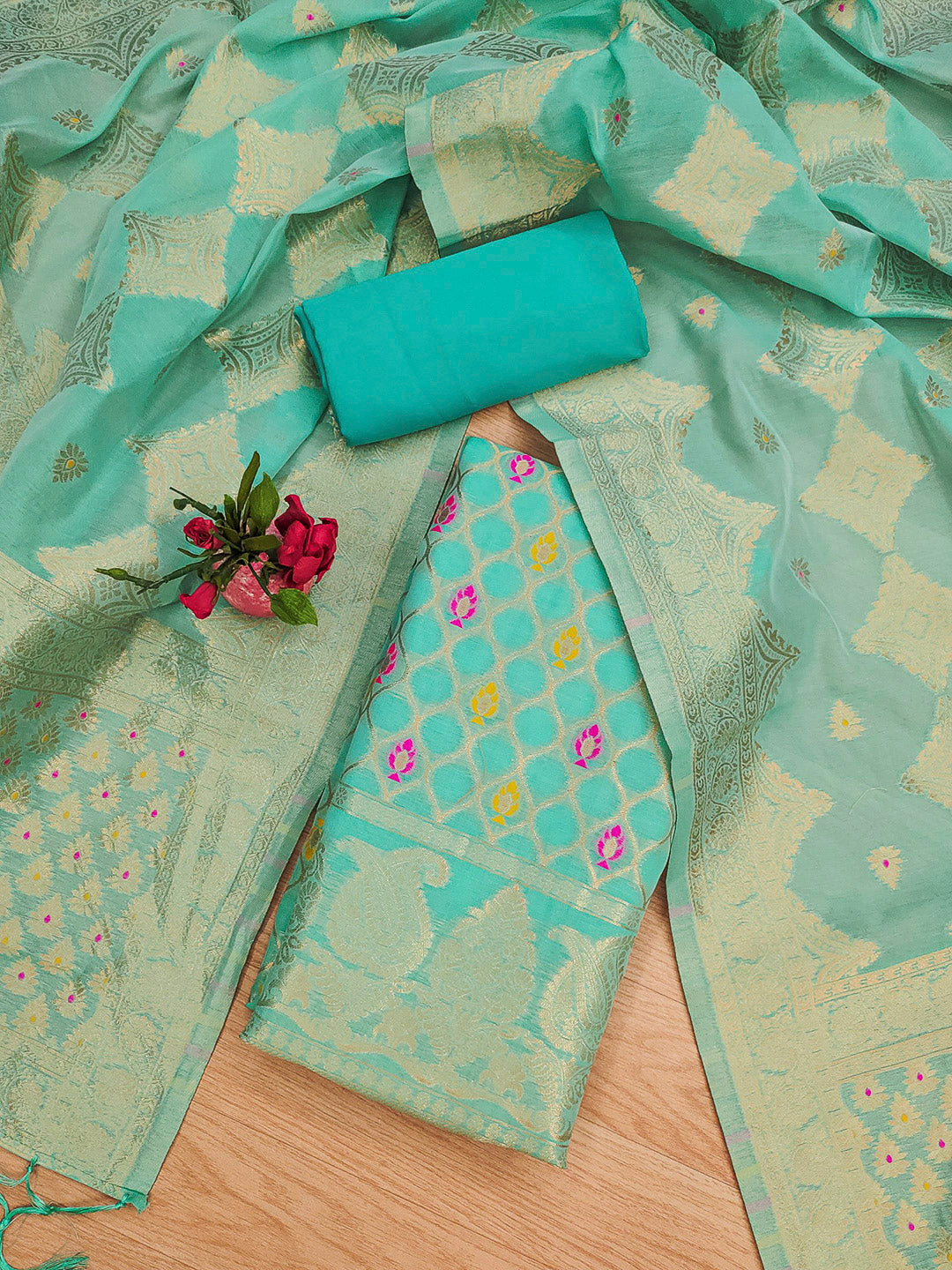 Sea-Green Pure Banarasi Chanderi Woven Design Unstitched Dress Material