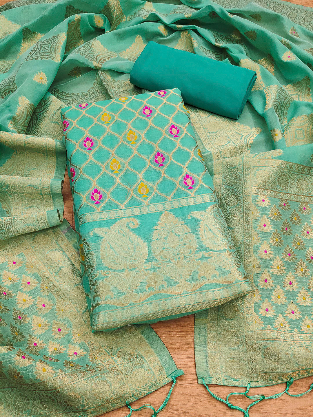 Sea-Green Pure Banarasi Chanderi Woven Design Unstitched Dress Material