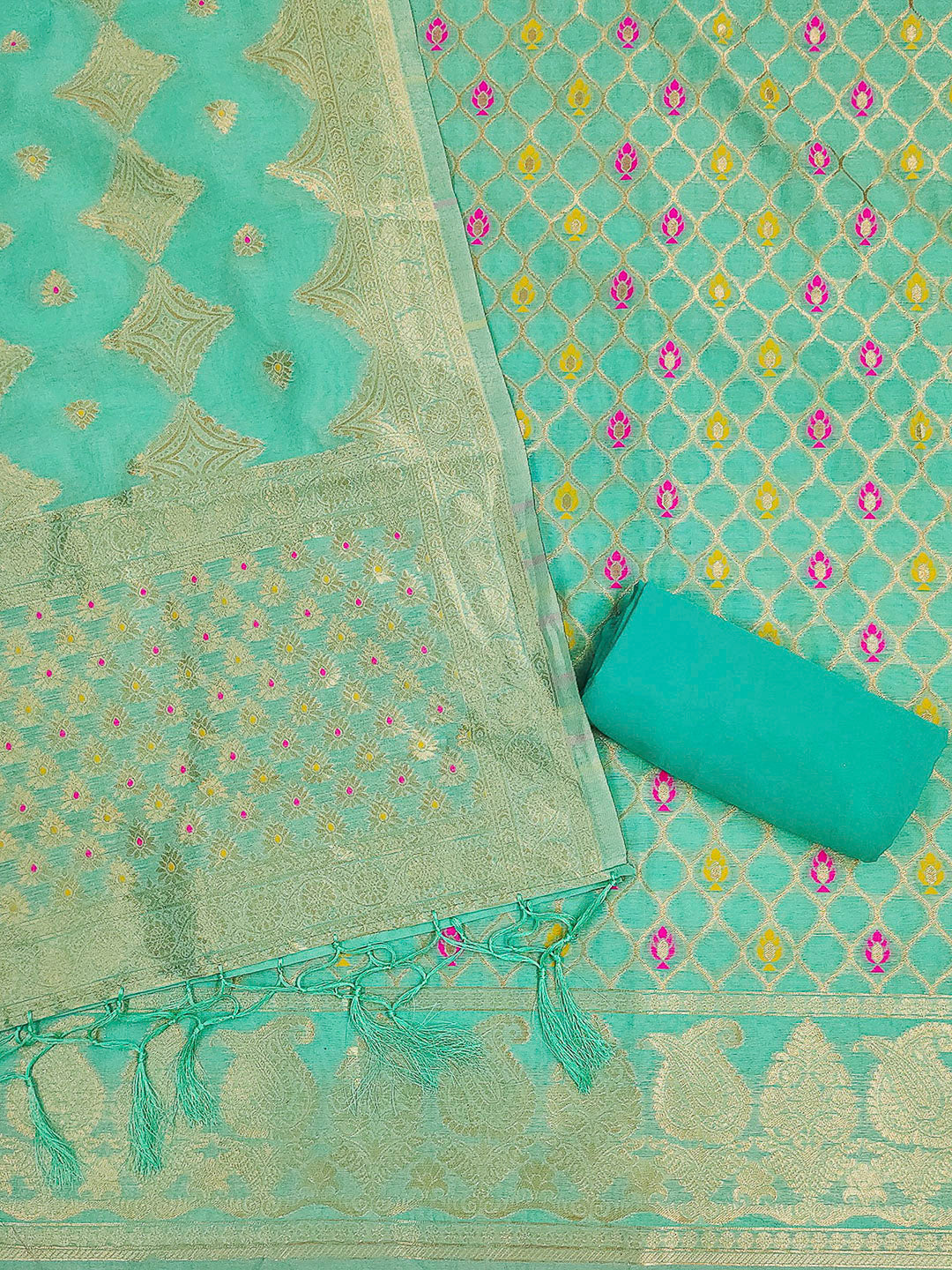 Sea-Green Pure Banarasi Chanderi Woven Design Unstitched Dress Material