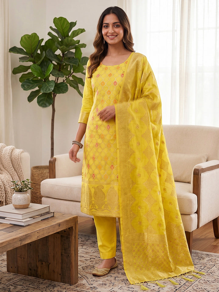 Yellow Pure Banarasi Chanderi Woven Design Unstitched Dress Material